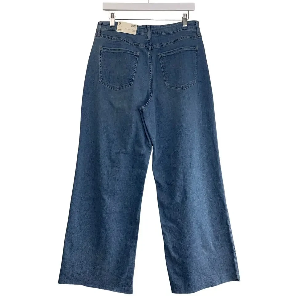 Ana High Rise Wide Leg Jeans Size 12 Button Fly Stretch Denim Blue NEW Raw Hem - Picture 2 of 9